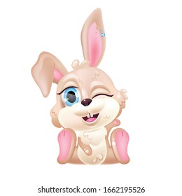 Cute brown winking bunny kawaii cartoon vector character. Adorable and funny animal sitting and smiling isolated sticker, patch. Easter rabbit. Anime baby girl happy hare emoji on white background