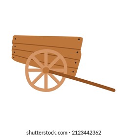 Cute brown wooden garden wheelbarrow isolated on a white background. Cartoon vector illustration.