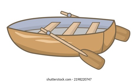 Cute brown wooden rowing boat vector. Simple cartoon rowboat illustration.