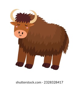 Cute brown yak in cartoon style. Funny bull character for baby and kids design. Wildlife animal isolated on white background. Vector illustration