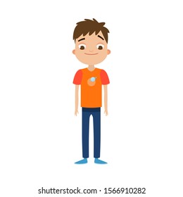 The cute brown-haired boy in blue pants standing with a friendly face. Vector illustration in flat cartoon style.