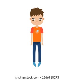 The cute brown-haired boy standing in blue pants with a sad face. Vector illustration in flat cartoon style.