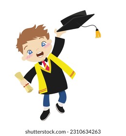 A Cute brown-haired little boy with black toga dress jumping and holding a graduation certificate on white background for kids’ fashion artworks, children books, invitations, graduation cards, poster