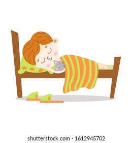 The cute brown-haired little boy lovely sleeping with a cat in a wooden bed. Vector illustration in flat cartoon style.