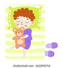 The cute brown-haired little boy lovely sleeping with a teddy bear in green bed top view. Vector illustration in flat cartoon style.
