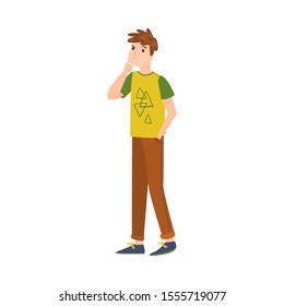 The cute brown-haired man standing in brown pants thinking of something or making a decision. Vector illustration in flat cartoon style.