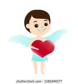 A cute brown-haired winged Cupid stands and holds in his hands a huge scarlet heart. Cartoon vector character for Valentine's Day. Stock illustration isolated on white background.