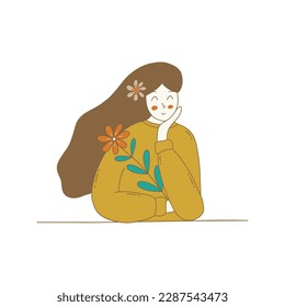 Cute brunette beautiful girl with flower in her hair sits with her hand under her chin and holds flower. Colorful vector isolated hand drawn illustration with contour. Pretty young lady