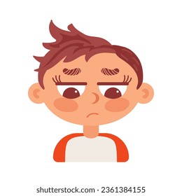 Cute brunette boy sad. In cartoon style. Human emotions, Psychological health, Welness.