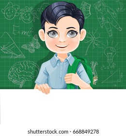 Cute brunette boy with school bag holds large white horizontal banner on a green background