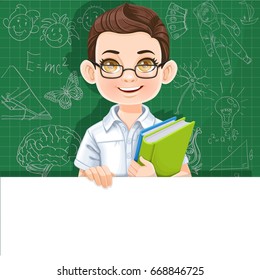 Cute brunette boy with school textbook holds large white horizontal banner on green background
