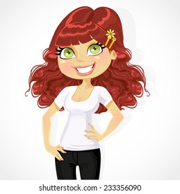 Cute brunette business lady shows a T-shirt under print of your logo on white background