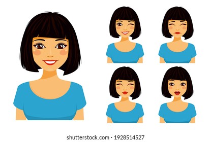 Cute brunette with different facial expressions. Set of emotions. Flirting, kissing, sad, surprised, winking.   Flat style on white background. Cartoon. 