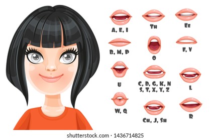 Cute brunette girl with bob haircut talking mouth animation. Female character speak mouths expressions