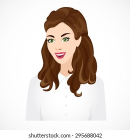 Cute brunette girl. Business lady. Girl with headphones. Head of a Woman. Smiling woman. Smiling brunette. Vector illustration.