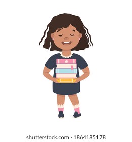 Cute Brunette Girl Carrying Stack of Books, Preschool Girl Reading Books and Enjoying Literature, Kids Education Concept Cartoon Style Vector Illustration