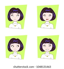 Cute Brunette Girl With Different Facial Emotions Set Of Young Woman Face Expressions