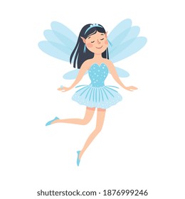 Cute Brunette Girl Fairy with Wings, Lovely Winged Elf Princesses in Light Blue Dress Cartoon Style Vector Illustration