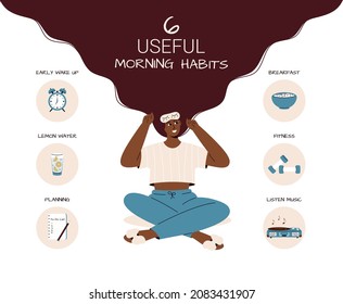 Cute brunette girl with long hair, sleeping mask and elements for morning routine:lemon water,weights, muesli, alarm clock, to do list.Girl thinking about how to start her day.Woman in cute pajama.
