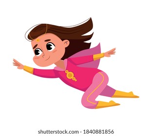 Cute Brunette Girl in Pink Superhero Comics Costume, Adorable Kid Character Flying in Superhero Pose Cartoon Style Vector Illustration