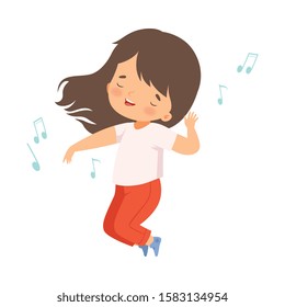 Cute Brunette Girl Singing and Dancing, Adorable Kid Having Fun and Enjoying Listening to Music Cartoon Vector Illustration