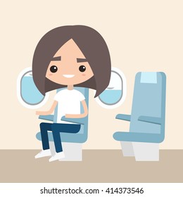 Cute brunette girl sitting in the aircraft / editable flat vector illustration
