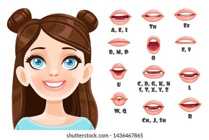 Cute Brunette Girl Talking Mouth Animation. Female Character Speak Mouths Expressions