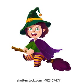 Cute Brunette Girl Witch on the Broom. Happy Halloween. Trick or Treat, Cartoon Illustration. Witch flying on a broomstick isolated on white background