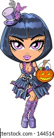 Cute Brunette Goth Girl Trick Or Treating With Jack O' Lantern