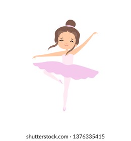 Cute Brunette Little Ballerina Dancing, Girl Ballet Dancer Character in Pink Tutu Dress Vector Illustration