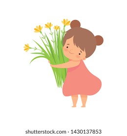 Cute Brunette Little Girl with Bouquet of Meadow Flowers, Adorable Little Kid Cartoon Character Playing Outside Vector Illustration