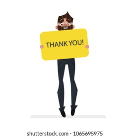 Cute brunette man holding blank board banner thank you in hands isolated on white background. Vector illustration in cartoon style