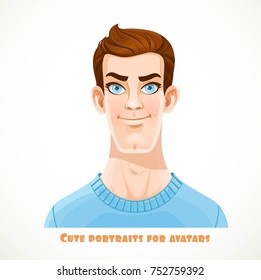 Cute brunette men in a casual pullover portrait for avatar isolated on a white background