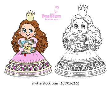 Cute brunette princess with fairytale book in hands outlined and color for coloring book