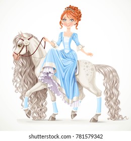 Cute brunette princess on a white horse with a long mane isolated on a white background