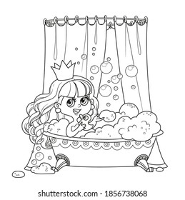 Cute brunette princess taking bath with a duck outlined for coloring book