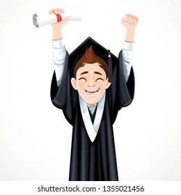 Cute brunette teenage boy in cap and gown graduate holding a scroll diploma isolated on a white background