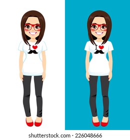 Cute brunette teenager girl wearing white shirt with I love mustache print design in two different background color versions