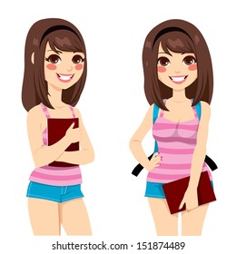 Cute brunette teenager with pink tank top and blue shorts holding a dark red notebook ready to go back to school