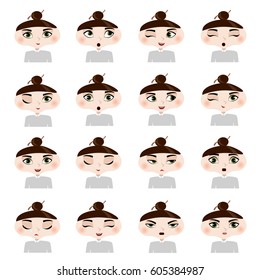 Cute brunette woman with different expressions set. Attractive girl with different emotions. Vector isolated illustration on the white background.