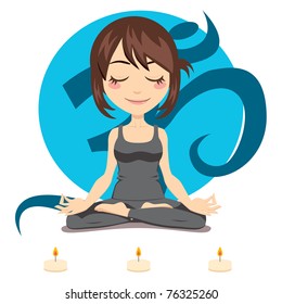 Cute brunette woman doing yoga lotus position with three candles in front