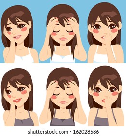 Cute brunette woman posing making different worried face expressions