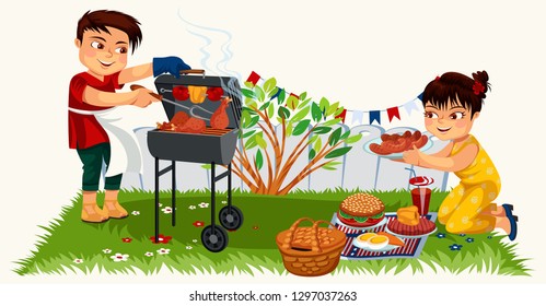 Cute brunette young man cooking on bbq
