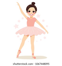 Cute brunette young teenager girl ballerina wearing pink tutu and dancing