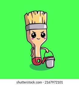 Cute brush cartoon mascot holding paint bucket vector illustration