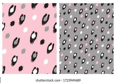 Cute Brush Spots Vector Pattern. White, Pink, Black and Gray Irregular Brush Elements on a Gray and Pink Backgrounds. Lovely Pastel Color Leopard Backdrop. Abstract Wild Animal Skin.