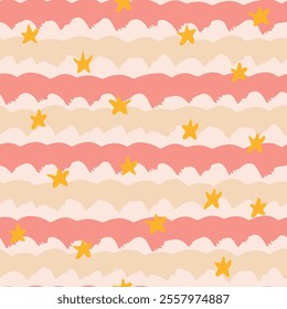 Cute brush stroke design forming sky and stars in a color palette of pink, peach, off white and yellow. Simple and minimal Christmas seamless vector pattern. Great for home decor, fabric, wallpaper.