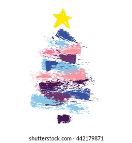 Cute brush strokes Christmas tree. Vector illustration. Art Print. Xmas Card.