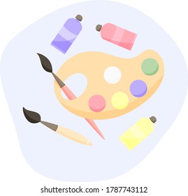 Cute brushes and paints on the palette vector flat illustration with tubes of paint on blue background. Nice girl stuff stylization. Back to school