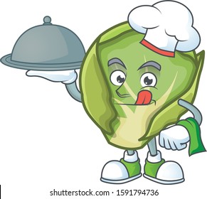 Cute brussels sprouts as a Chef with hat and tray cartoon style design